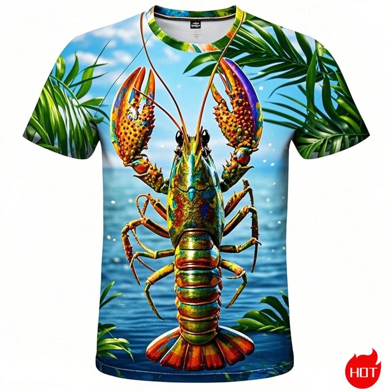 Summer Round Neck Funny Crayfish Graphic 3D Print Top Fashionable Casual Short Sleeved Men's T-shirts