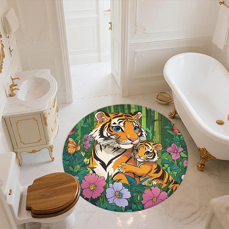 Bamboo Forest Tiger,Round Area Rug,Carpet Rug for Living Room Bedroom Sofa Playroom Decor,Non-slip Floor Mat