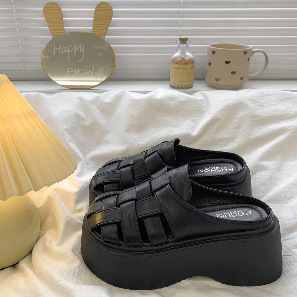 Thick Bottom Heightening Bag Head Half Slippers Women's Summer Wear New Summer Fashion Hollow Muffin Beach Cool Slippers