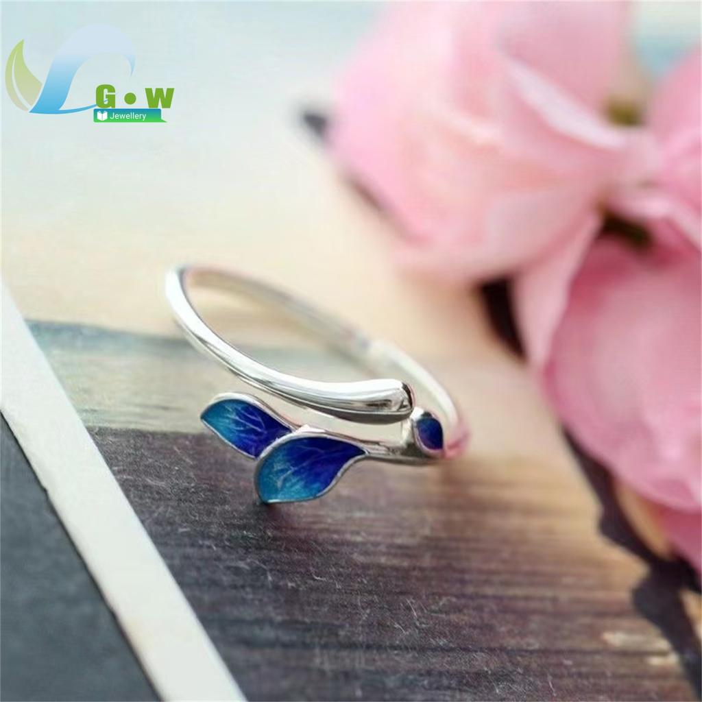 Mermaid Theme Adjustable Open Ring Blue Crystal Fish Tail Korean Minimalist Forest Style Stackable Finger Jewelry for Women Girl