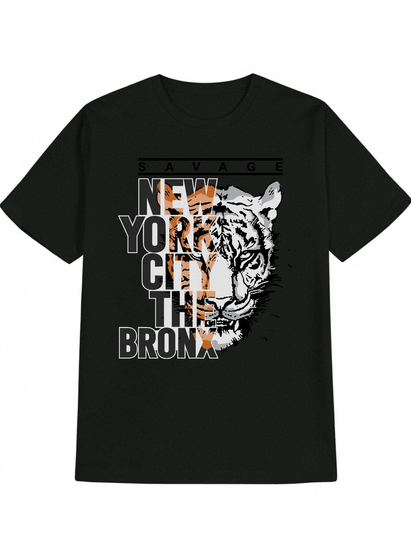 Casual Graphic T-shirt - Tiger Head & New York City The Bronx Print S