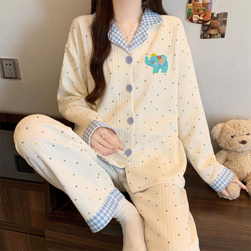 Air cotton pajamas women's autumn and winter long sleeves thickened interlayer warm stars cat student loungewear real shot