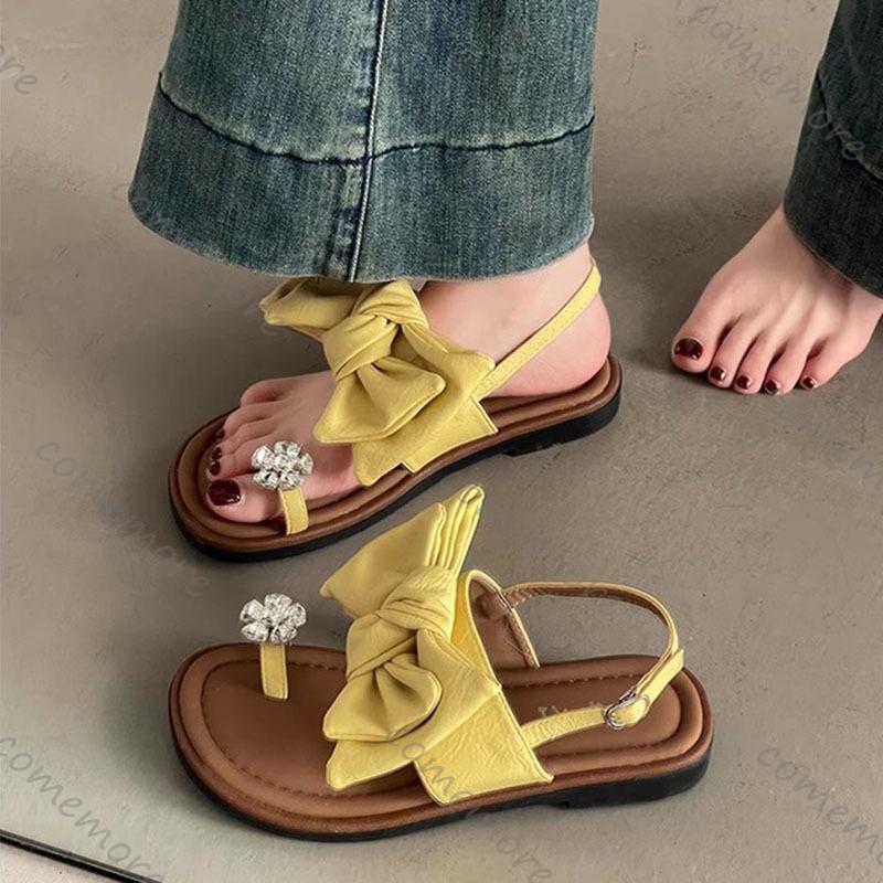Fashion Comemore Bowknot Rhinestone Women Summer Sandals Flat Bottom Casual Clip-toe Soft Sole Outdoor Back Strap Sandales for Women
