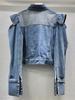 Frauen Rüschen Rand Off-schulter Design Denim Mantel Herbst Mode Revers Langarm Jacke Weibliche
