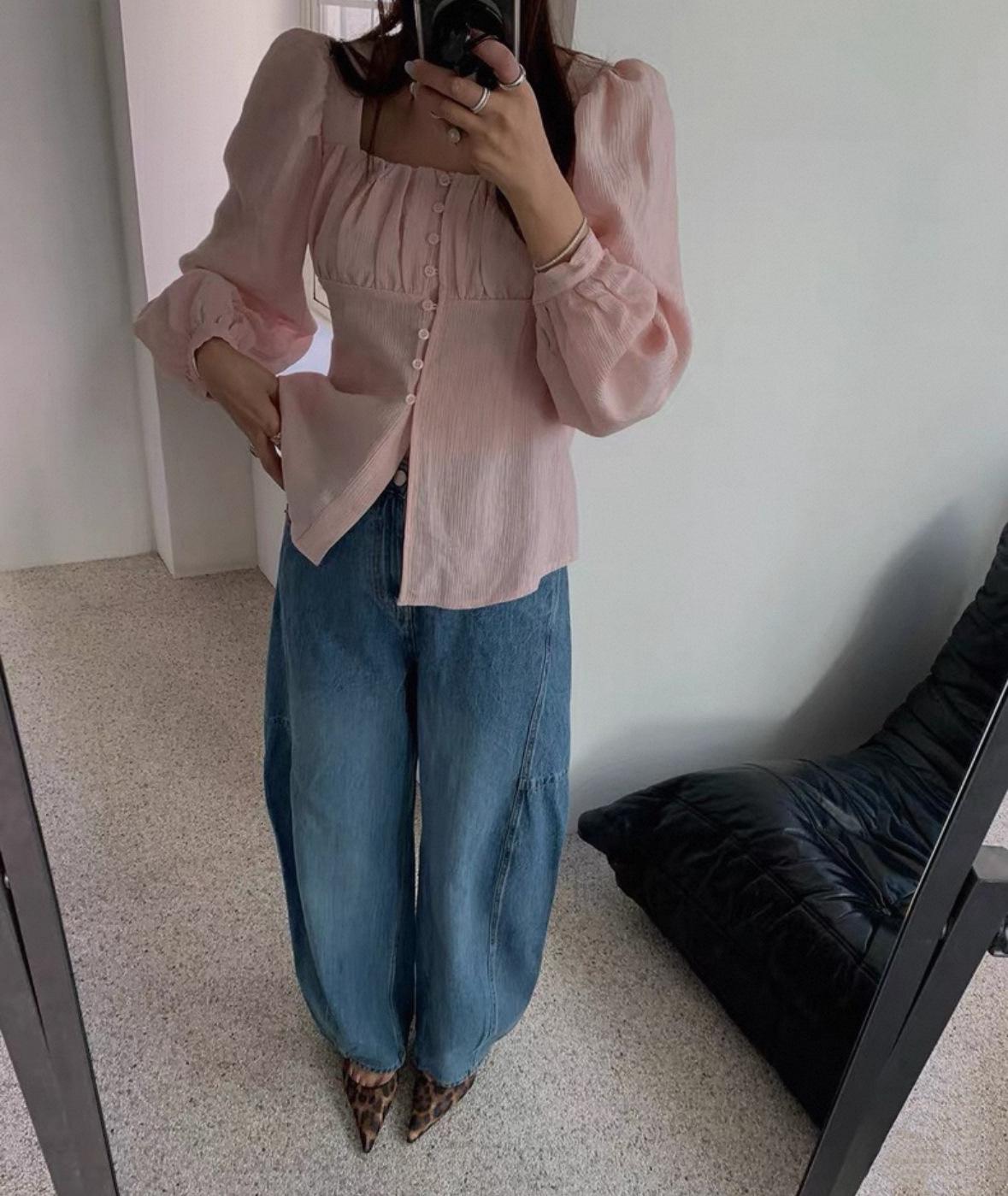 

2026 Spring New Versatile Gentle Style Square Neck Slimming Chiffon Shirt One Size (85-120 jin) розовый