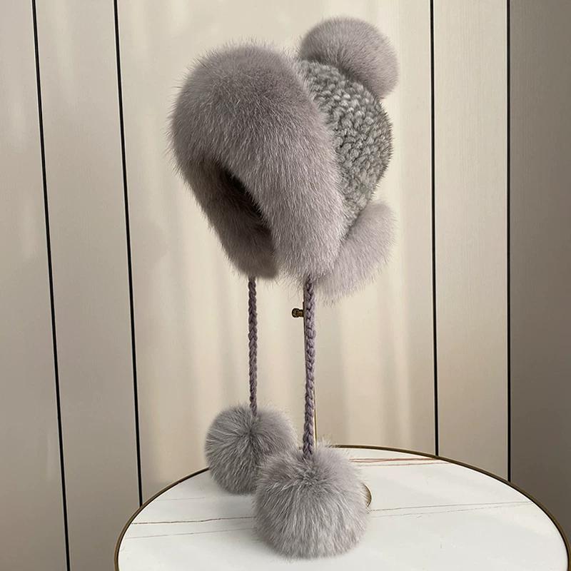 New Winter Warm Mink Hair Woven Fox Hair Ear Protection Fur Hat Female Cute Real Hair Ball Snow Hat