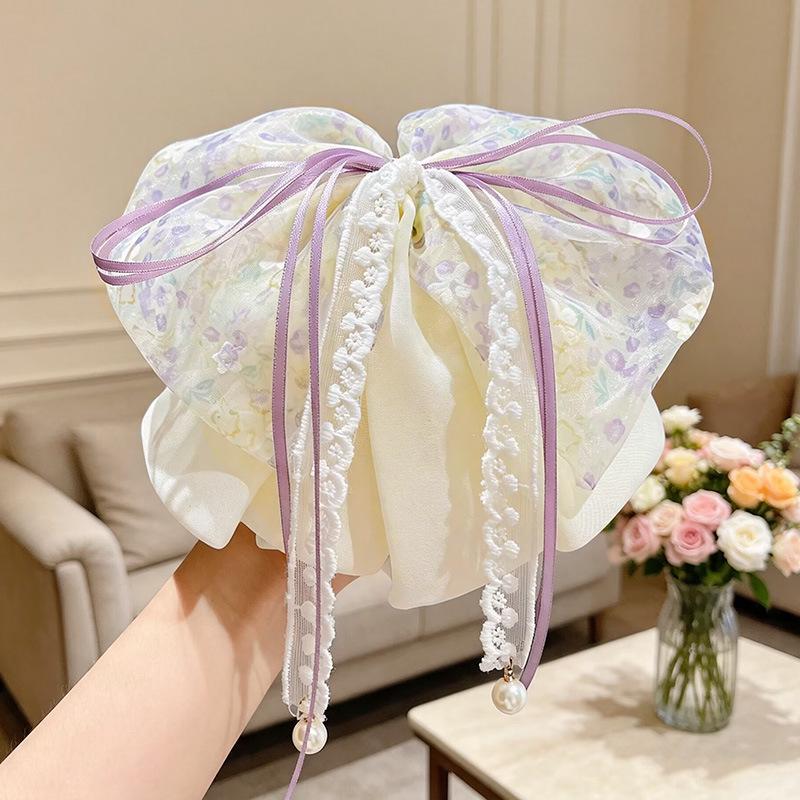Handmade Chiffon Floral Bow Ponytail Clip for Voluminous Hair