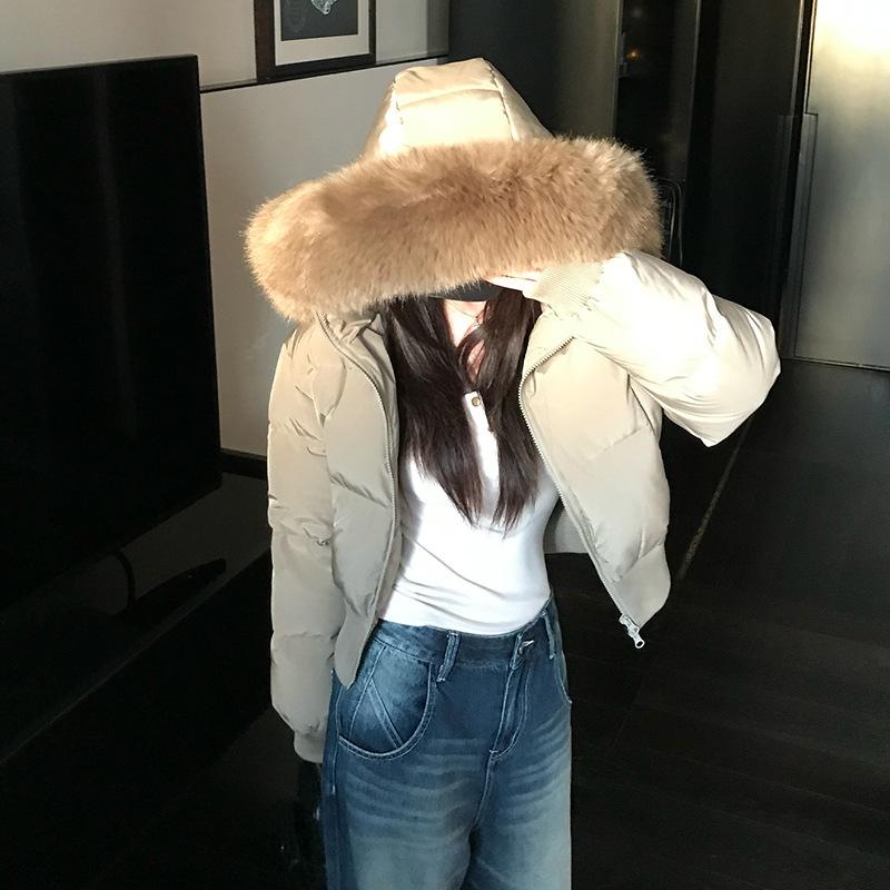 Women's Dark Blue Short Puffer Jacket with Big Fur Collar