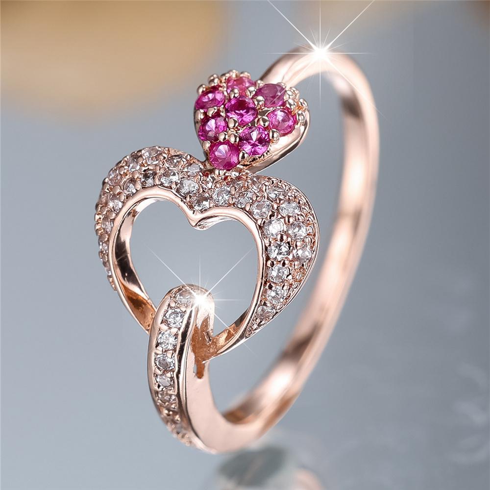 Luxury Female Rose Red Zircon Stone Heart Finger Ring Vintage Gold Color Wedding Band Bridal Jewelry For Women