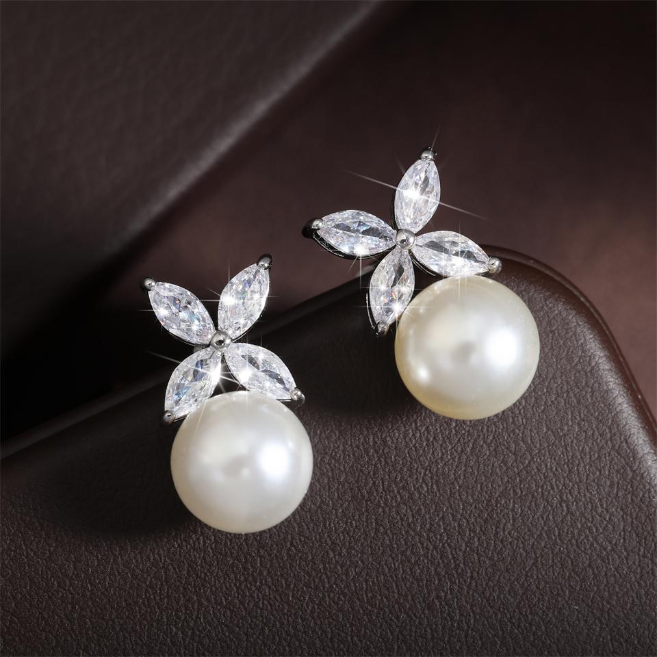 ZAKOL 2 Pcs Simple Marquise Zircon Pearl Stud Earrings Necklace Jewelry Sets for Women Charm Jewelry Gift