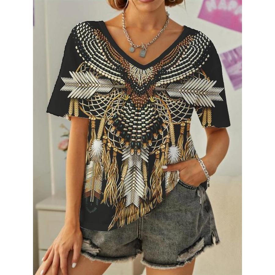 Vintage Women 3D Print T Shirt Short Sleeve V Neck Tops Comfortable T-shirts