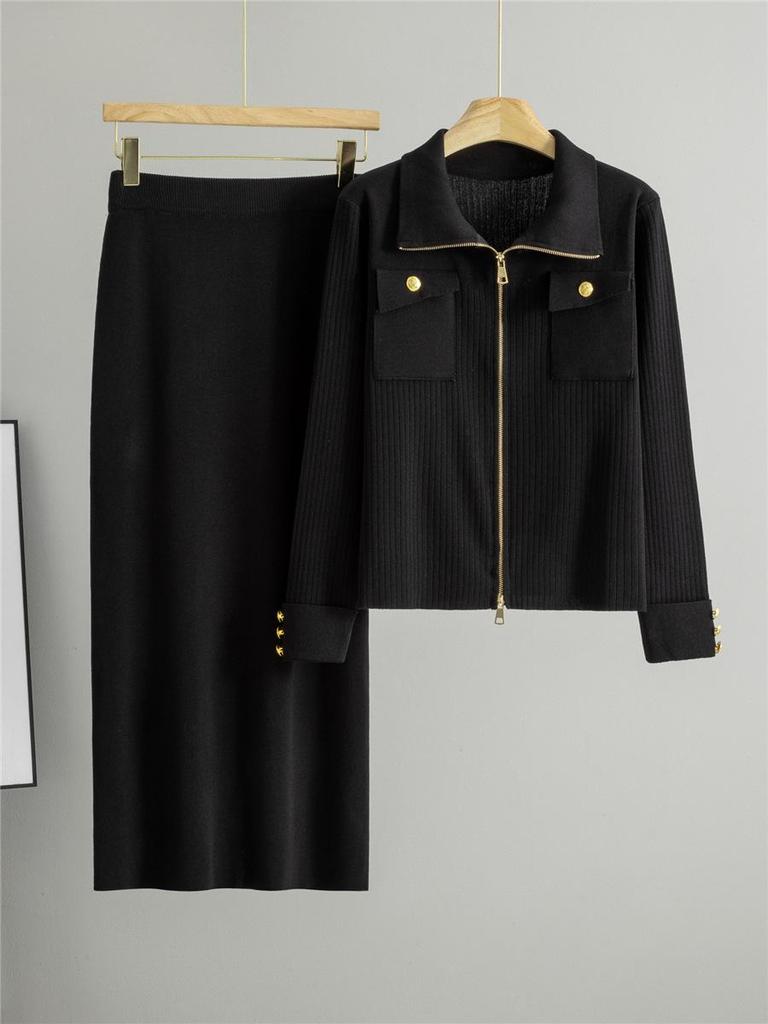 Women's Polo Collar Zipper Cardigan & Knit Skirt Two-Piece Set - Spring/Autumn Fashion.