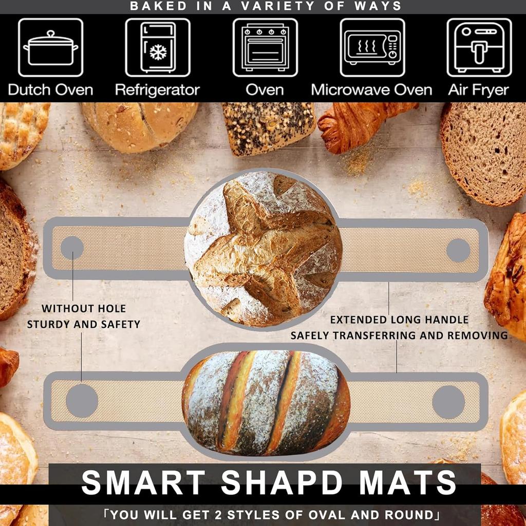 2 Pack Silicone Bread Sling for Dutch Oven – Oval & Round Shapes, Non-Stick Bread Baking Mat with Extra-Long Handles, Reble Silicone Baking Tools