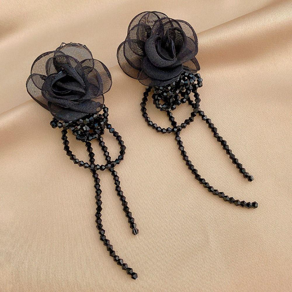 Light Luxury Tassel Earrings Silver Needle Crystal Dangle Earrings Gauze Flower Earrings  Women