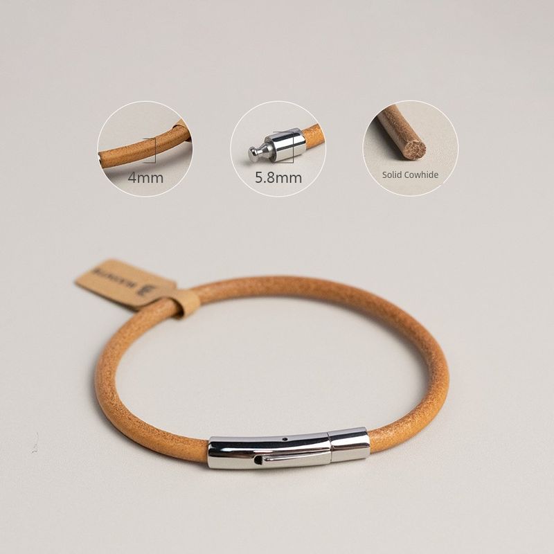 

Simple Bracelet Bracelet Non-Fading Niche Style High-End Simple Snap Button 4mm Brace Lace Bracelet Bracelet Carrying Strap Leather Rope Best Selling L Raw steel cowhide