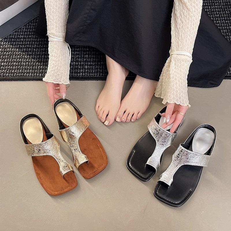 Retro Going Out Toe Slippers Women's Summer Outer Wear Square Toe Golden Cool Slippers Versatile Thick Heel Sandals