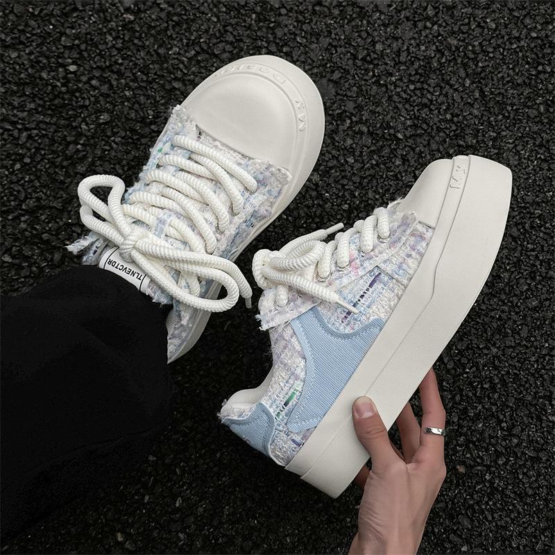 Spring black and white canvas shoes platform heightening casual big head shoes niche comfortable board shoes