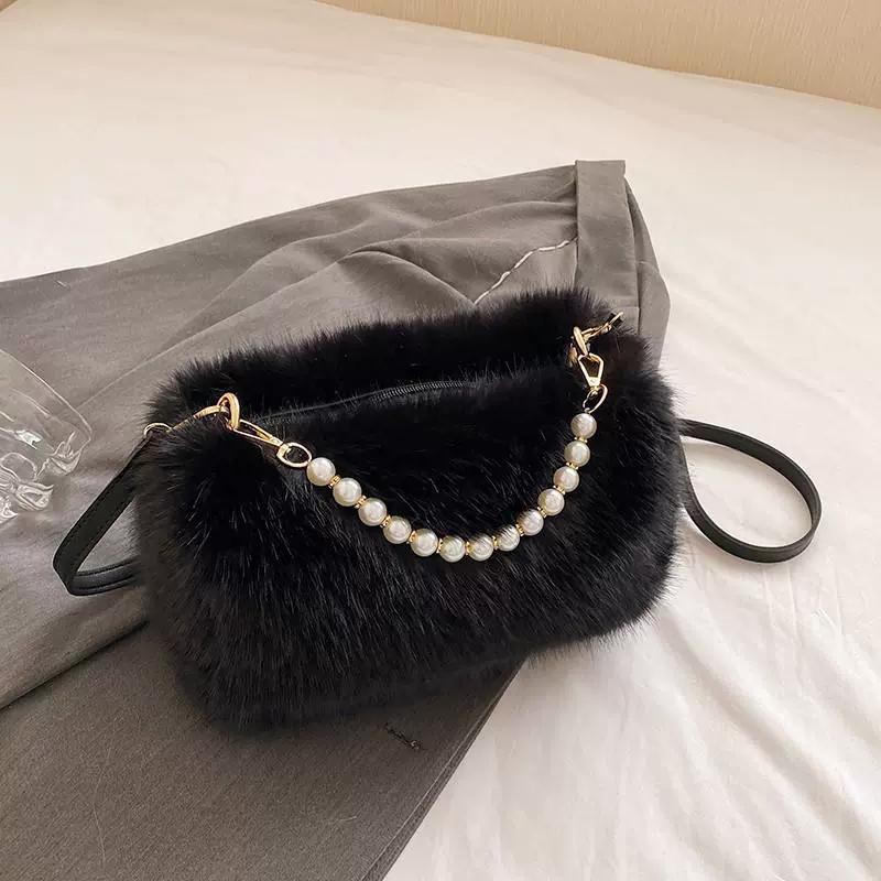 Yogodlns Winter Fashion Women's Faux Fur Shoulder Bags Candy Color Pearl Handle Crossbody Bag Small Fluffy Female Pillow Handbags