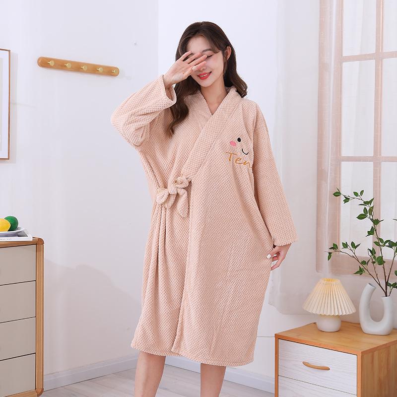 Women's Coral Fleece Bathrobe Set: Long Sleeve Bath Dress and Hair Drying Cap