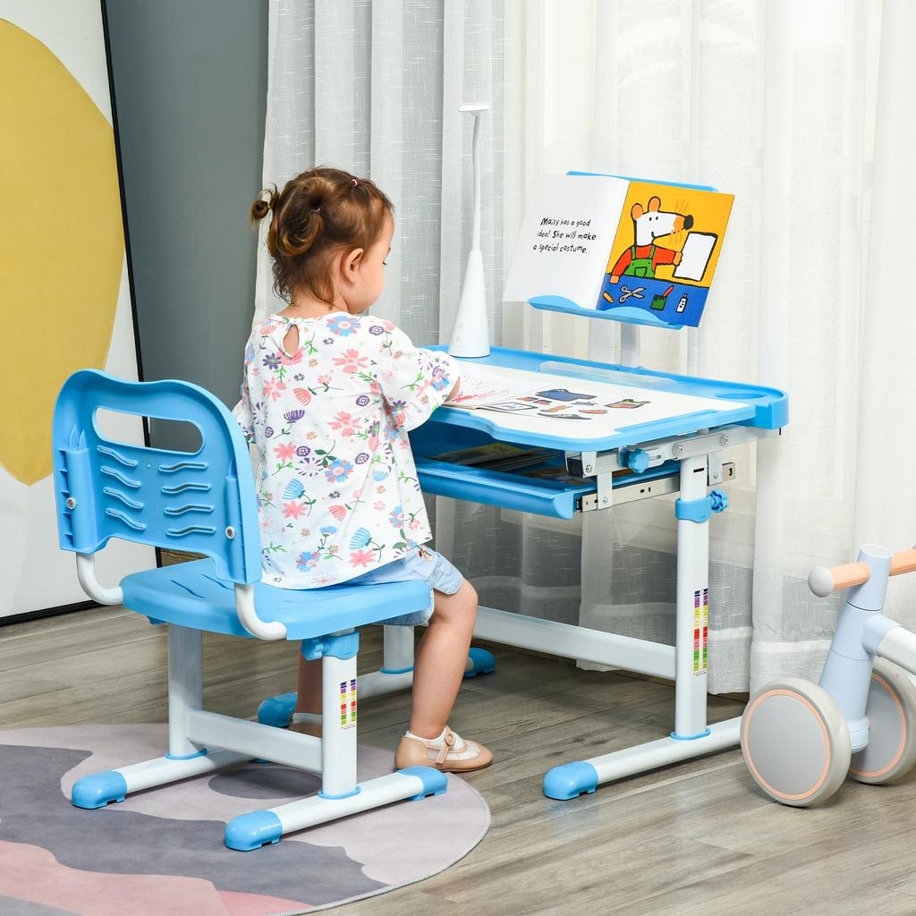 Scrivania e Sedia per Studio per Bambini con Altezza Regolabile, Contenitore, Cassetto, Blu