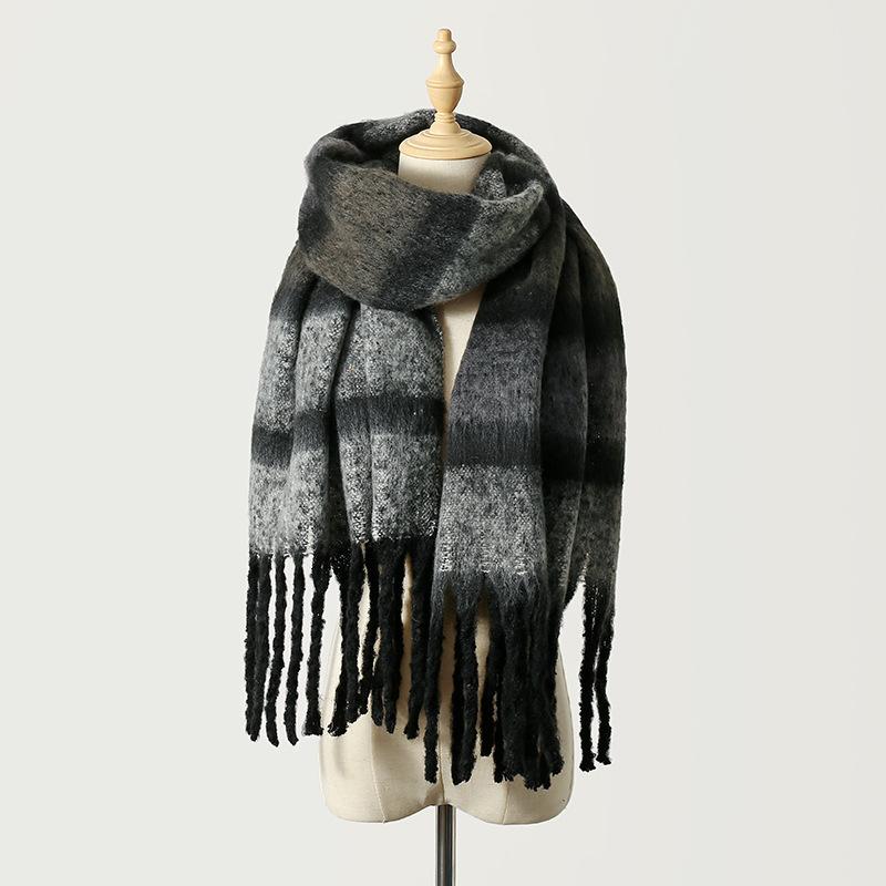 Color matching striped fringed scarf women's autumn and winter high-end mohair color warm versatile scarf shawl