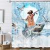 Funny Cat Whale Shower Curtain, Red Kraken Octopus Japanese Ocean Wave with Chinese Auspicious Clouds Shower Curtain with Hooks