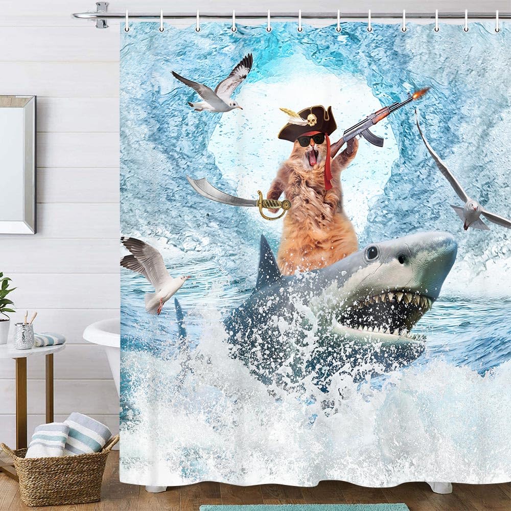 Funny Cat Whale Shower Curtain, Red Kraken Octopus Japanese Ocean Wave with Chinese Auspicious Clouds Shower Curtain with Hooks