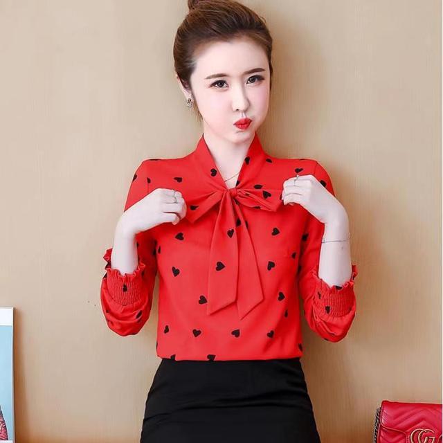 

S-4XL шифоновая блузка, женский топ с длинными рукавами, новый весенне-осенний корейский свободный крой, модная нижняя рубашка с принтом XXXL красный