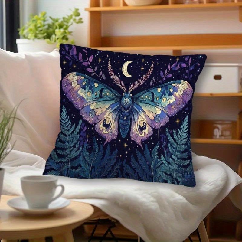 Vikama Bohemian-Style Moth And Crescent Moon Pillowcase With Starry Fern Design Decorative Cushion Cover