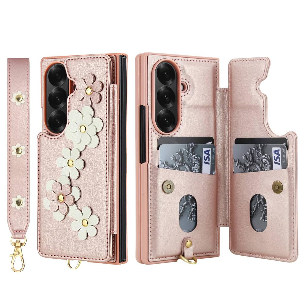 For Samsung Galaxy Z Fold 7 6 5 4 Case, Wallet with Card Holder,Cute Flower Design Crossbody Purse,Magnetic Kickstand Shockproof