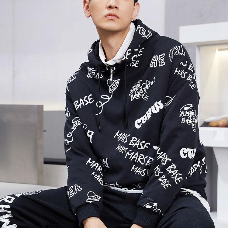 Li-Ning Sports Life Series Loose-Fit Letter Print Long Sleeve Pullover Hoodie Unisex Tops Black White AWDRD71-3