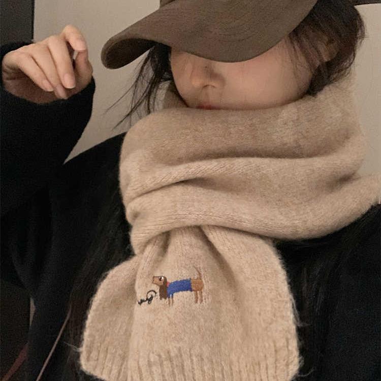 Japanischer Niedlicher Welpe Bestickter Kaschmir Strickschal Damen Saison Warm Studenten Paar Wollschal