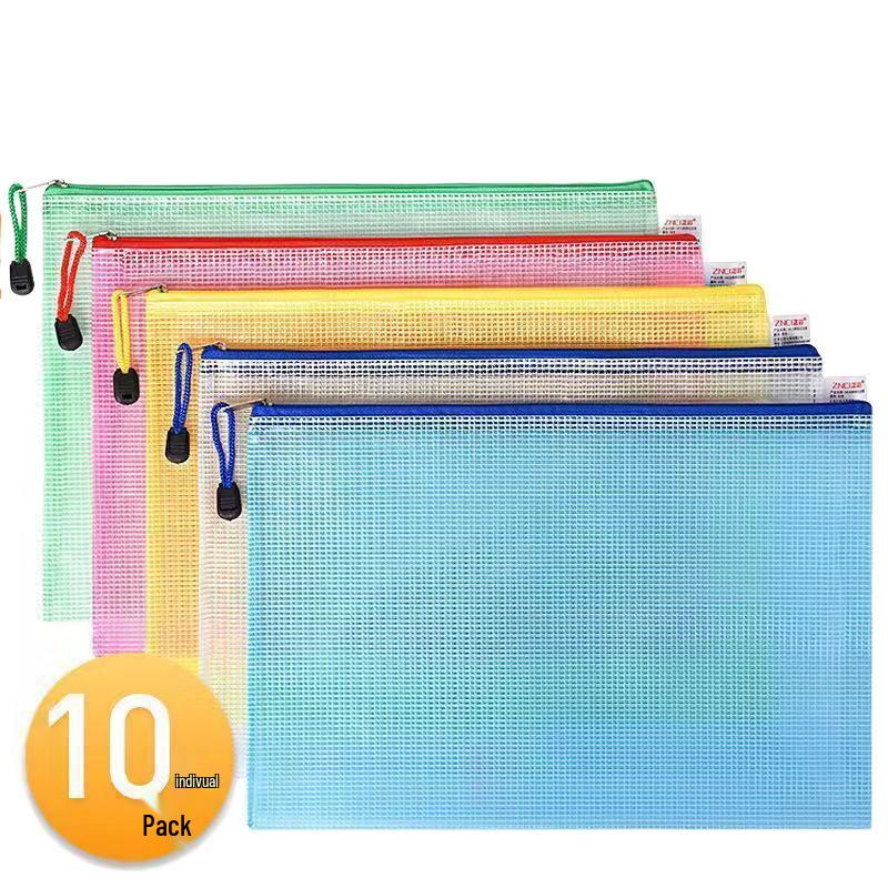 Set of 10 A4 Grid Zipper Bags: Transparent, Waterproof, Thickened for Document and Test Paper Storage