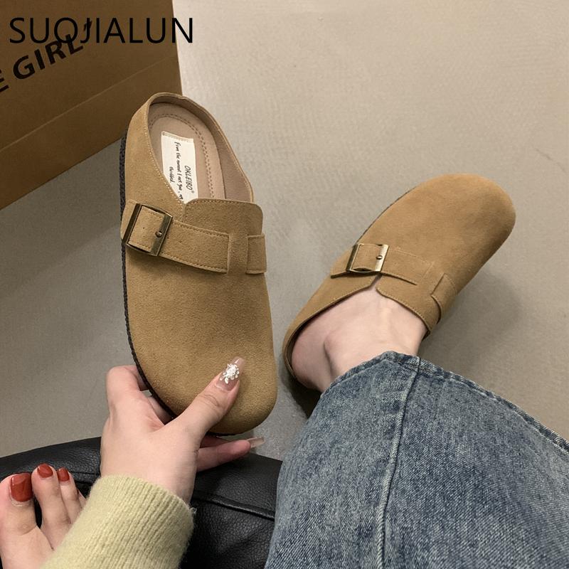 Fashion SUOJIALUN 2024 Spring New Brand Women Slipper Shoes Round Toe Slip On Mules Shoes Fashion Flat Heel Casual Flat Slides Shoes