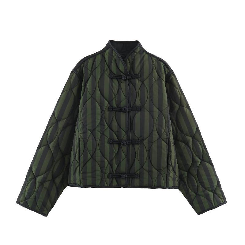 Women Long Sleeve Striped Cotton Padded Jacket With Knot Button