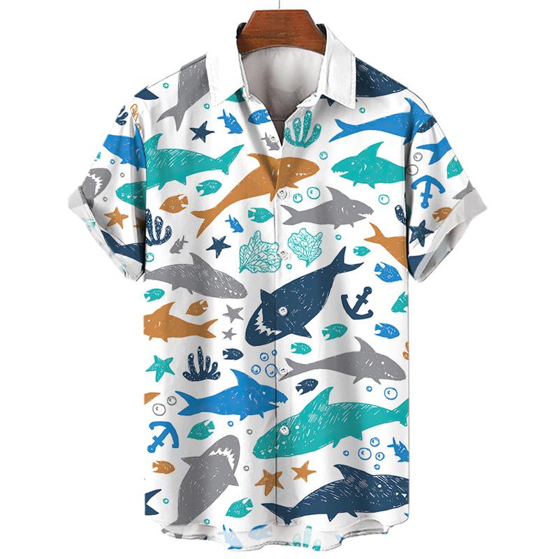 3D-tryckt Haj Manet Hawaiiskjorta för Män Casual Havsliv Djurmönster Kortärmad Blus Sommar Mode Toppar Skjortor