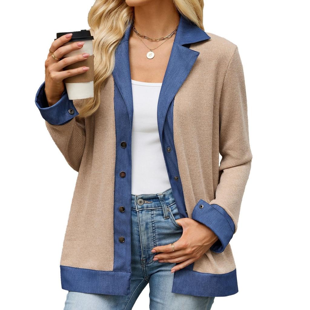 Women's Denim Blouse with Lapel Collar and Button Front - Loose Fit Long Sleeve Casual Top