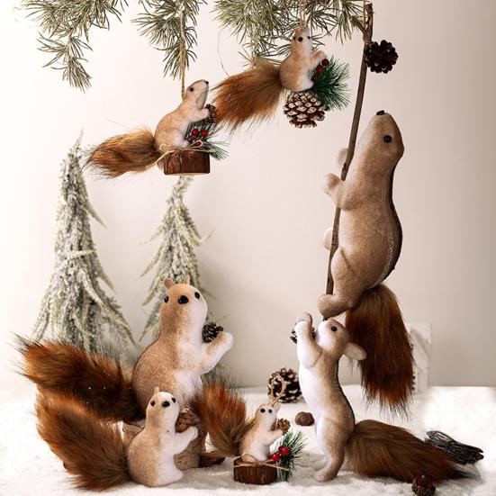Foam Squirrel Ornament 3D Artificial Squirrel Figurine with Pine Cones Berries Cute