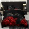 Black Cat Rose Print Soft with Soft Fabric Duvet Cover plus 2 Pilowcases Breathable Polyester Beding Set Perfect for Al Seasons