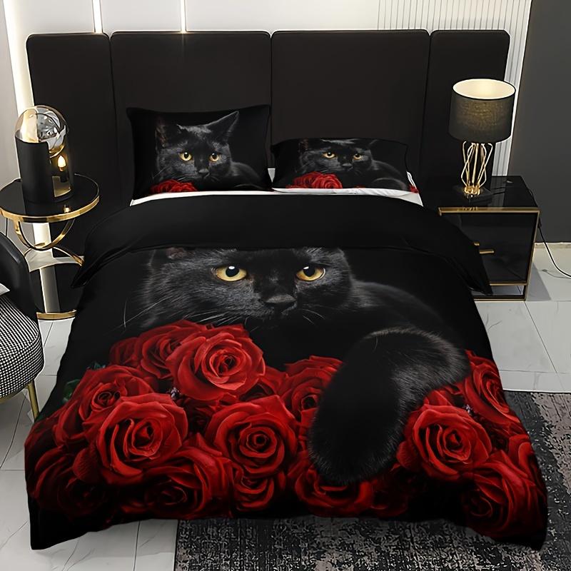 Black Cat Rose Print Soft with Soft Fabric Duvet Cover plus 2 Pilowcases Breathable Polyester Beding Set Perfect for Al Seasons
