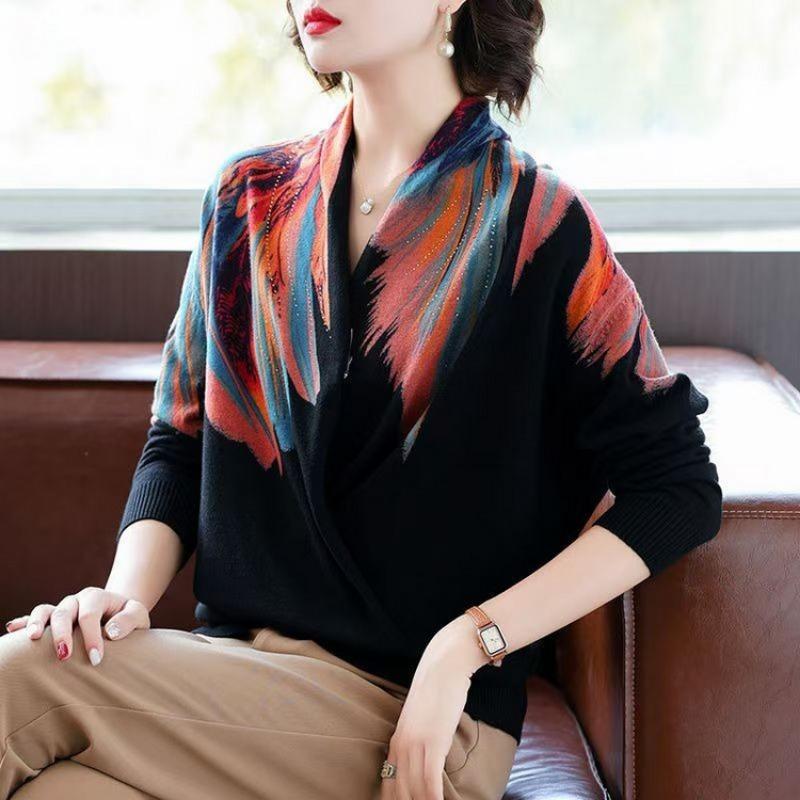 Winter new mother outfit slim festive sweater women's cross-neck knitted sweater printed collar bottoming shirt women