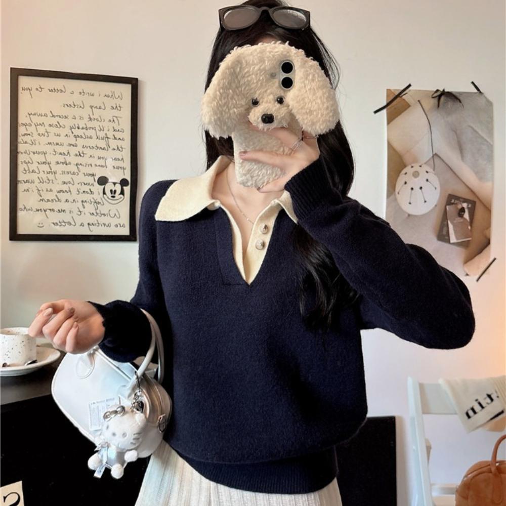 A Laid-back, Niche Design Style, Loose and Slimming Sweater, Knitted Sweater, Women's Autumn New Lapel Long-sleeved Top