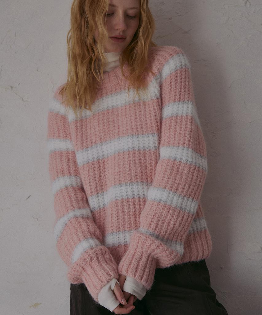 ODER Hairy Wool Striped Pullover-Pink