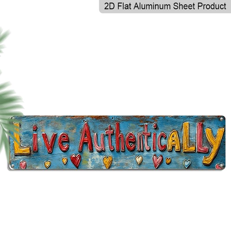

3.94 X 15.74 Inches Aluminum Decorative Sign - 2D Flat, 1pc Live Authentically Sign - Turquoise Pink Lettering with Hearts - Modern Farmhouse Decor 40cm x 10cm
