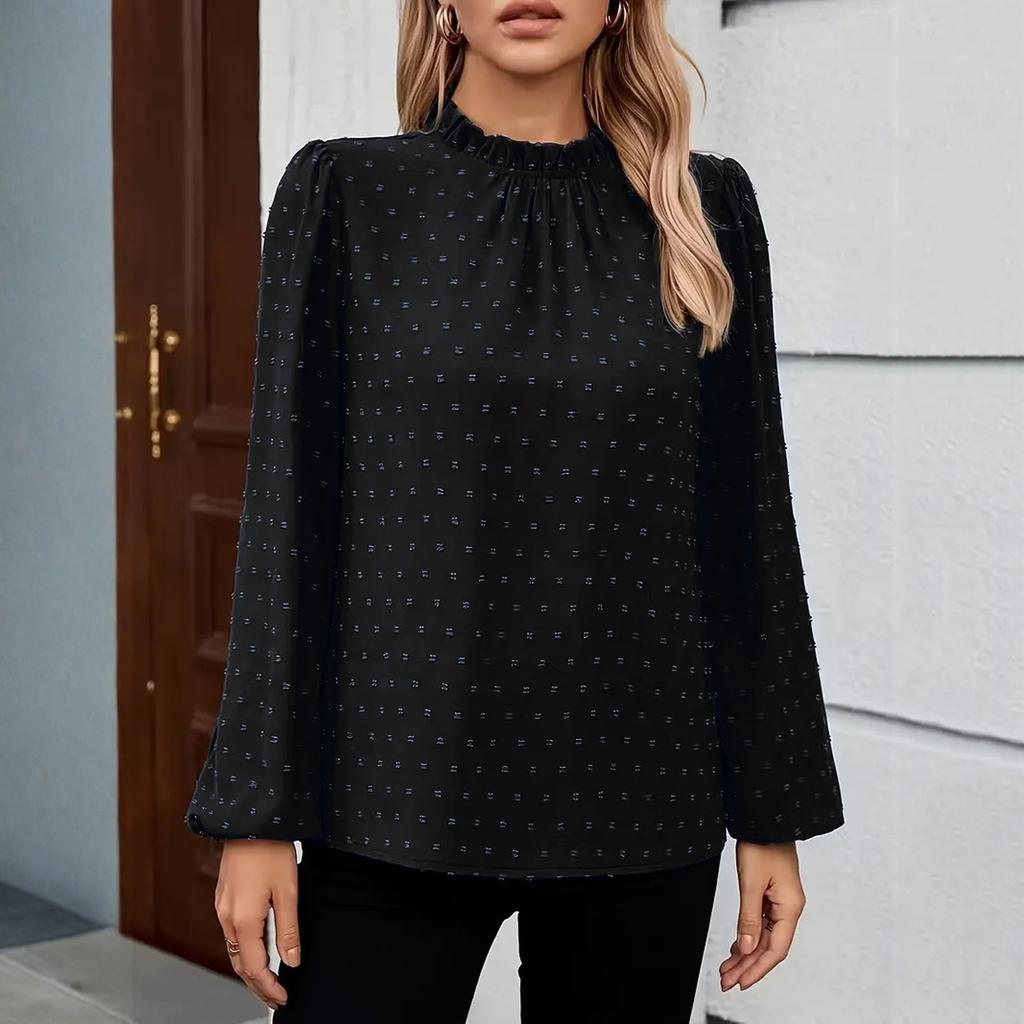 Women's Fashion Casual Polka Dot Pleated Round Neck Long Sleeve Color Top