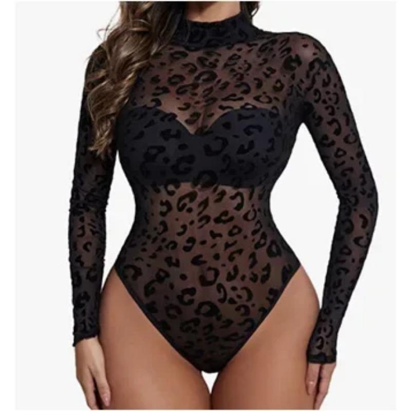 New Fashionable Sexy Long-sleeved Turtleneck Lace Sexy Textured High-waisted Fun Onesie Pajamas See-through See Through Bodysuit