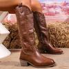 Fashion Women's Retro Western Embroidered Cowboy Boots Round Toe Chunky Heel Knee High Boots Woman Autumn Winter PU Leather Long Botas