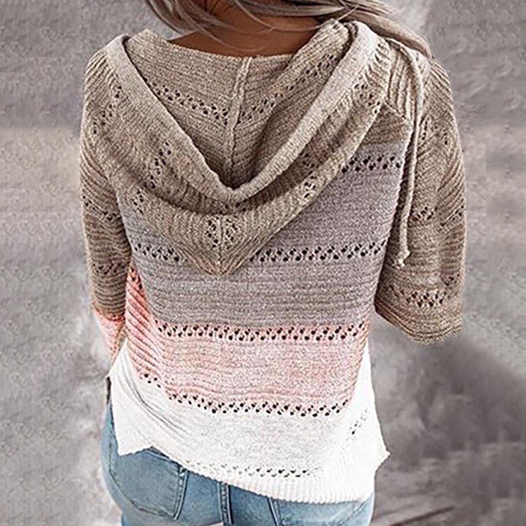 Damski sweter z kapturem, lekki, dzianinowy, z długim rękawem, w paski, bluza z kapturem