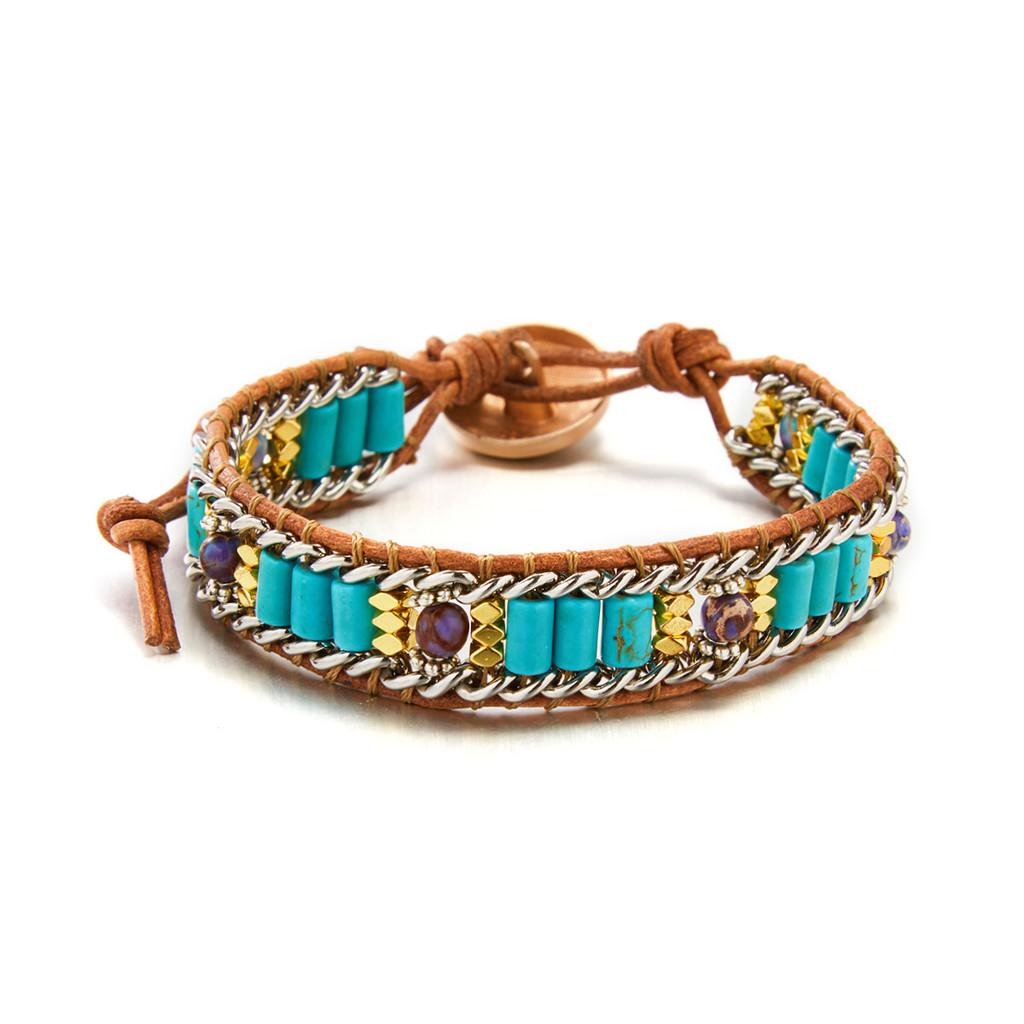 Ethnic Inspired Artificial Colored Stone Weaving Wide Bracelet For Women With Minimalist Design