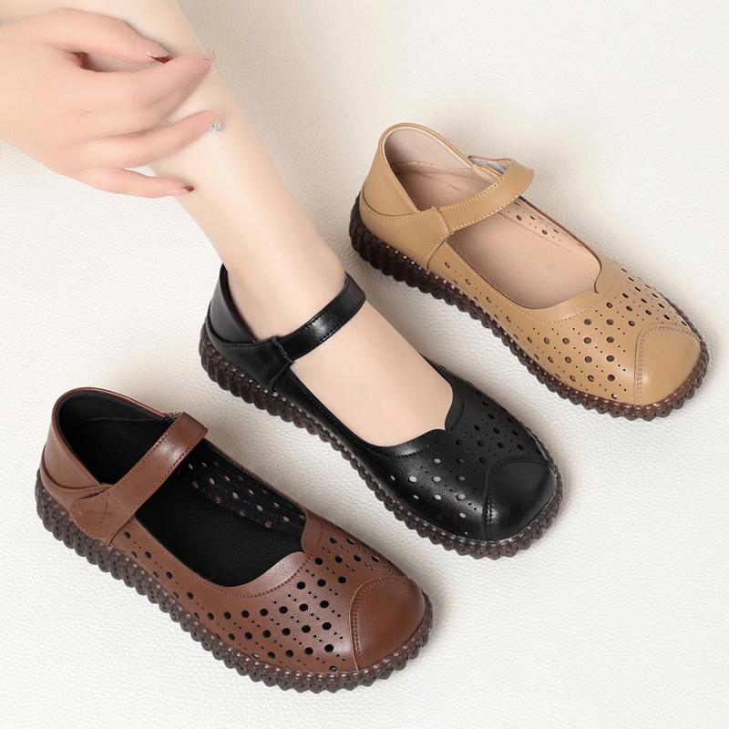 Breathable Comfortable Cutout Hole Shoes Flat Heels Loafers 2025 Summer Genuine Leather Shoes for Office Mom Big Size 41 42